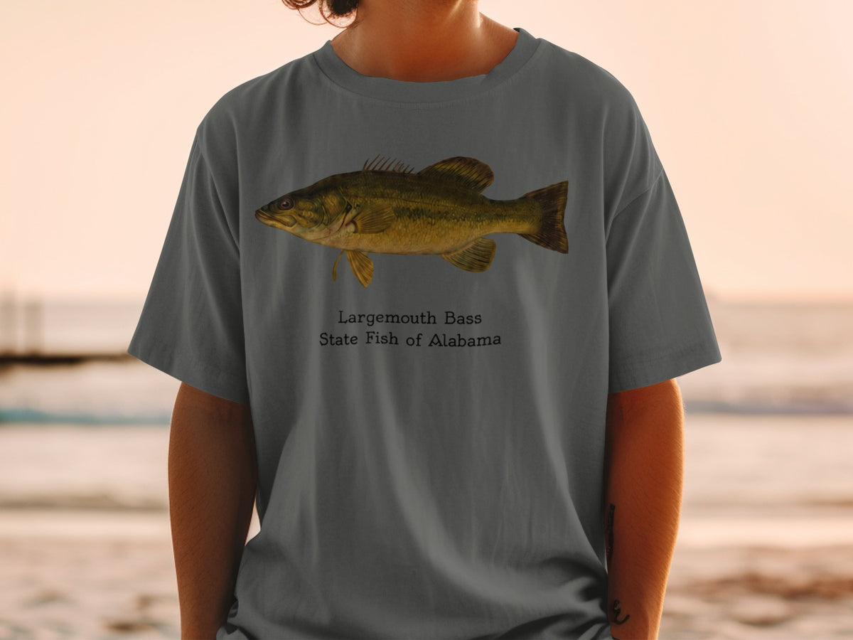 Largemouth Bass, State Fish of Alabama graphic on a t-shirt.