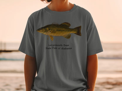 Largemouth Bass, State Fish of Alabama graphic on a t-shirt.