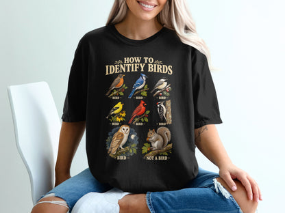 Black t-shirt with "How to Identify Birds" text and illustrations of various birds.