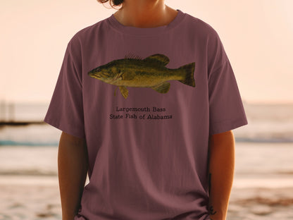 T-shirt with Largemouth Bass graphic and text "State Fish of Alabama".