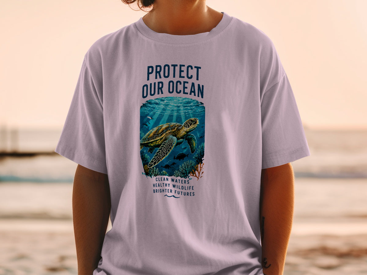 T-shirt graphic with sea turtle, text "Protect Our Ocean" and "Clean Waters Healthy Wildlife Brighter Futures".