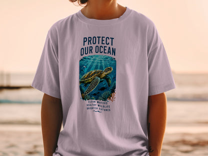 T-shirt graphic with sea turtle, text "Protect Our Ocean" and "Clean Waters Healthy Wildlife Brighter Futures".