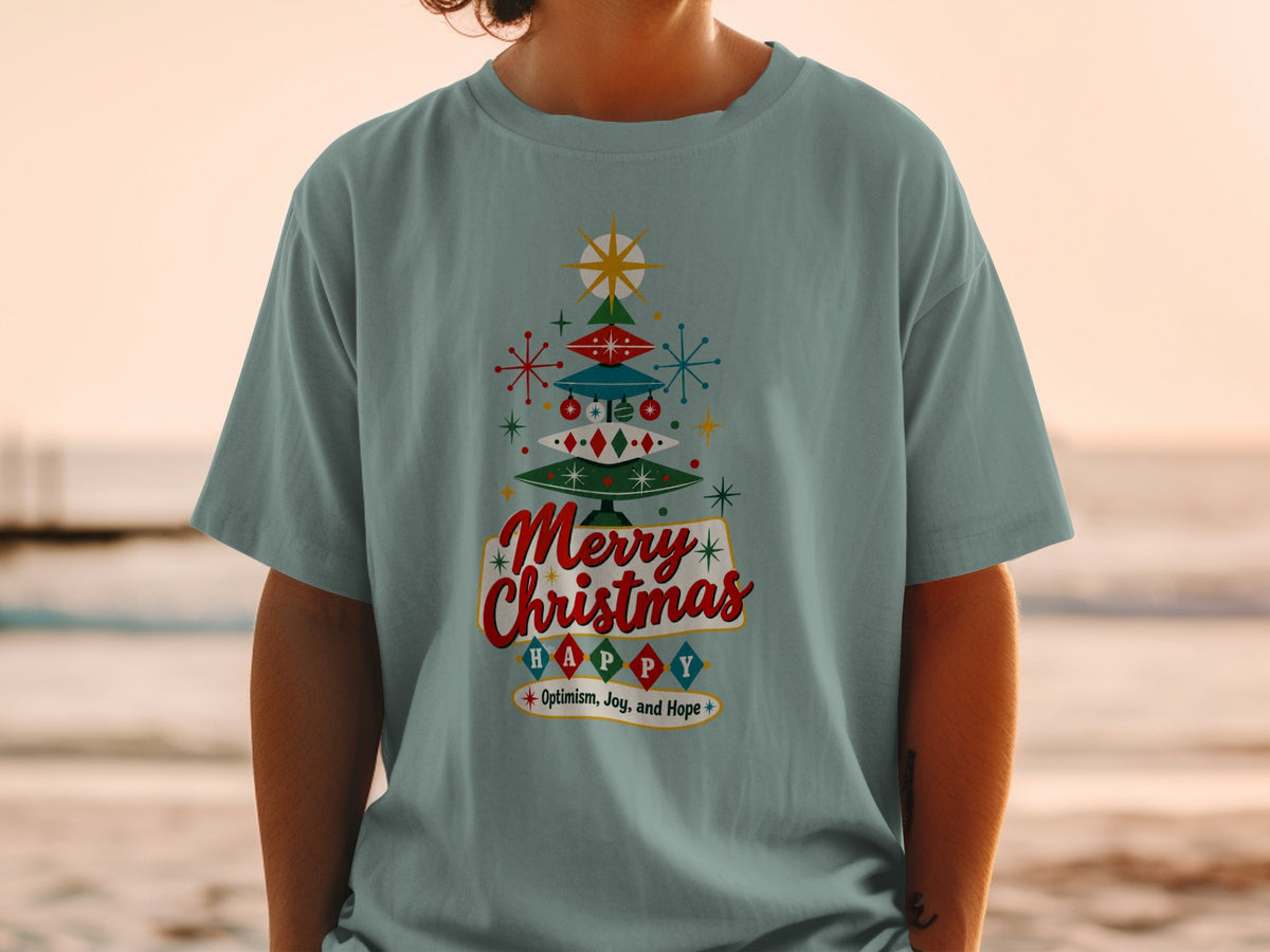 T-shirt with retro Christmas tree graphic and text "Merry Christmas Happy".