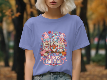 Three gnomes with pumpkins and fall leaves, text "Happy Fall Y'all".