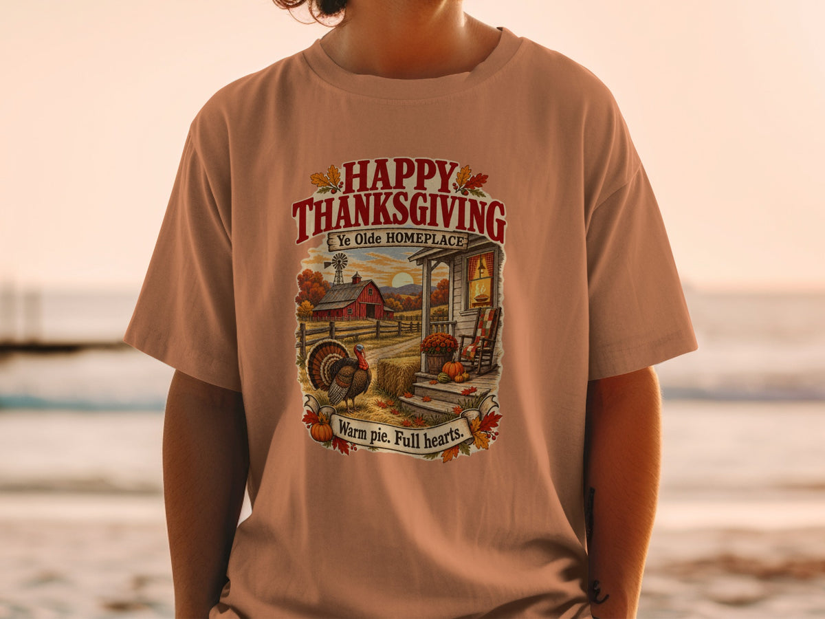 Happy Thanksgiving Ye Olde Homeplace shirt with turkey and farmhouse scene.