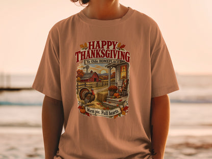 Happy Thanksgiving Ye Olde Homeplace shirt with turkey and farmhouse scene.