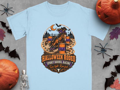 Horse and rider in Halloween Rodeo barrel racing design with text.