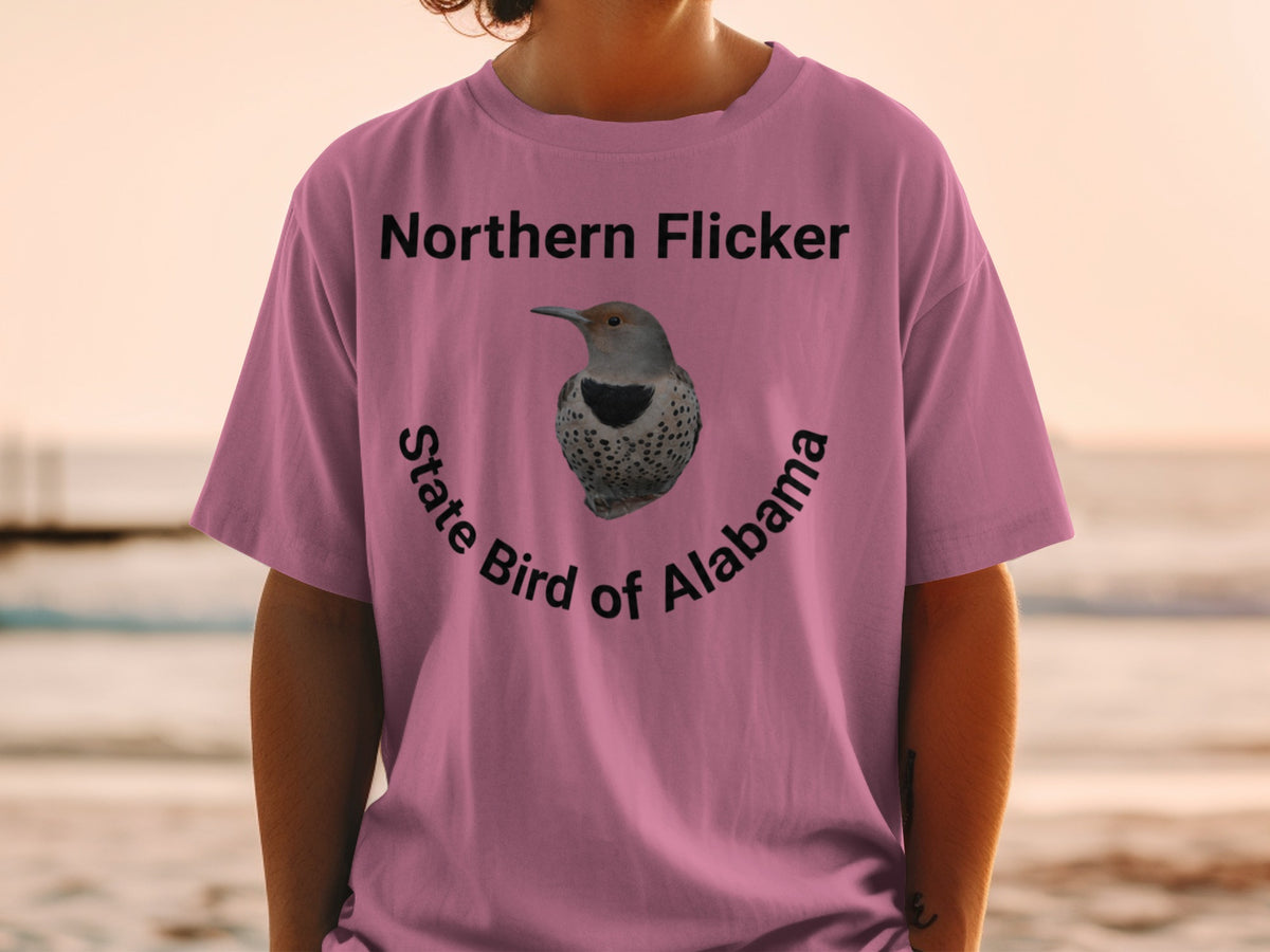 Pink t-shirt with Northern Flicker and State Bird of Alabama text.