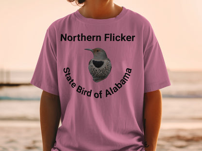 Pink t-shirt with Northern Flicker and State Bird of Alabama text.