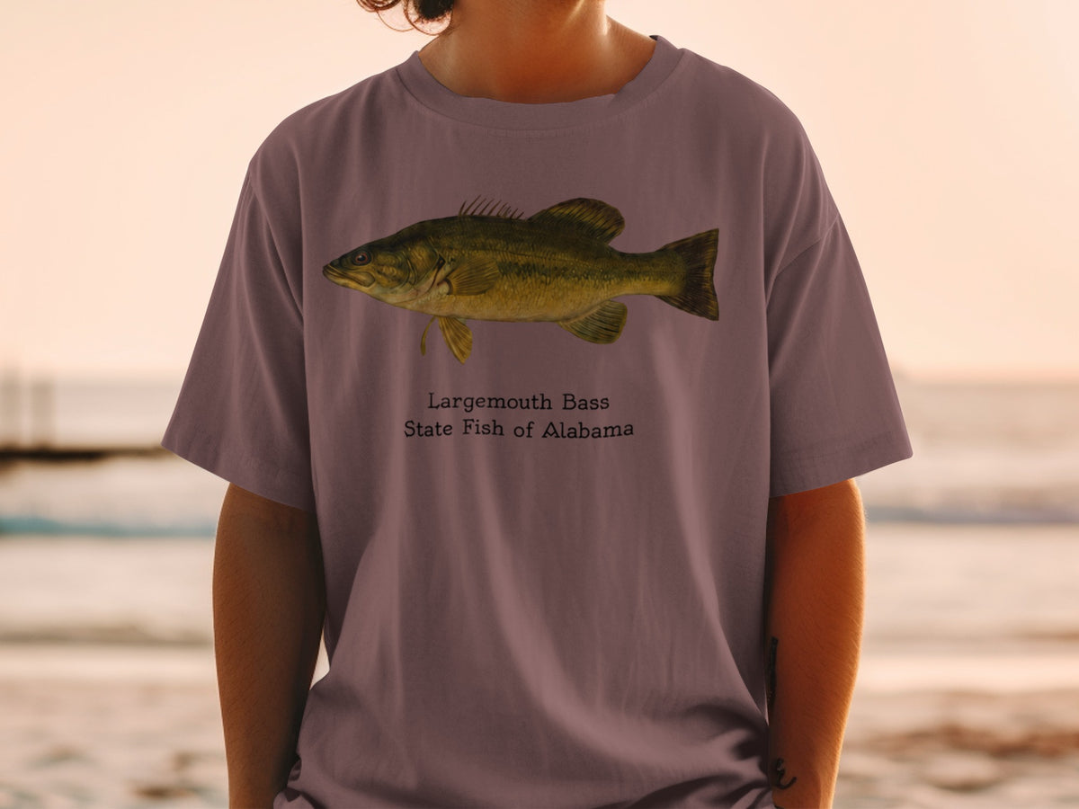 T-shirt with Largemouth Bass and text "State Fish of Alabama" design.