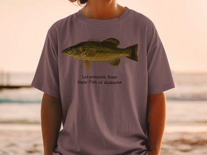 T-shirt with Largemouth Bass and text "State Fish of Alabama" design.