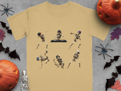 T-shirt with six dancing skeletons wearing hats and a DJ skeleton.