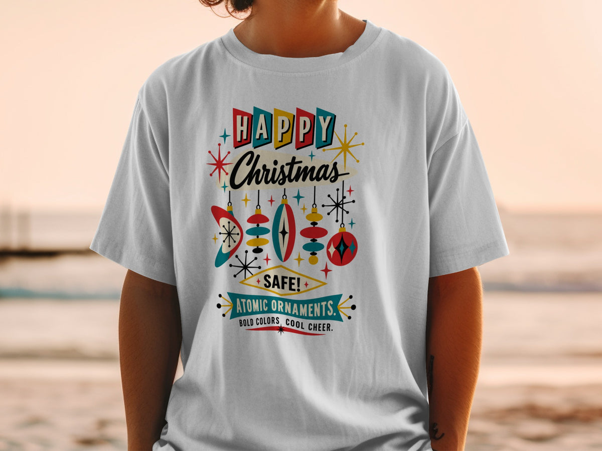 White t-shirt with "Happy Christmas Atomic Ornaments" retro design and ornaments.