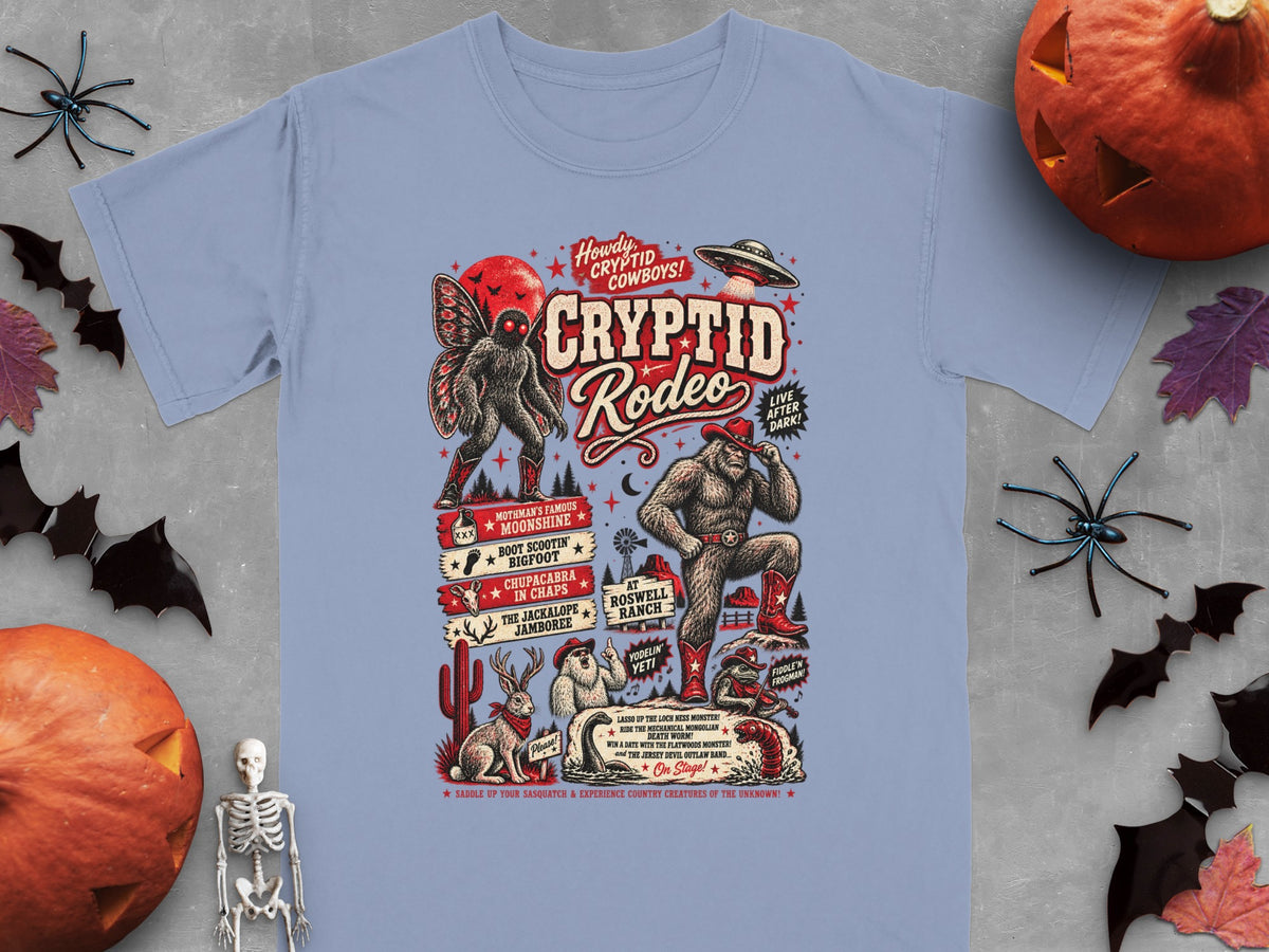 Light blue t-shirt featuring a "Cryptid Rodeo" design with Bigfoot, Mothman, and other creatures.