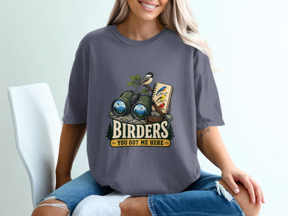 Birders shirt with binoculars, bird, and notebook graphic and text.