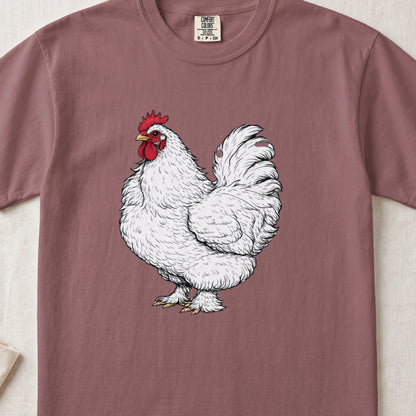 Dusty rose short-sleeved t-shirt featuring a detailed white rooster illustration on the chest.