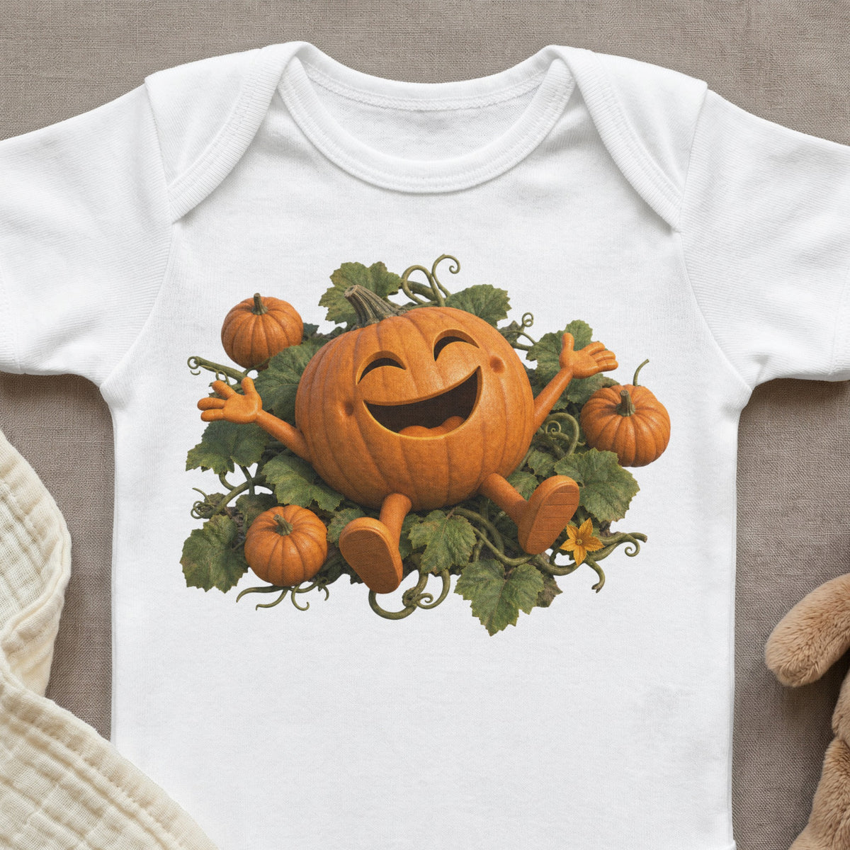 White baby onesie with a smiling pumpkin graphic and surrounding leaves and small pumpkins.
