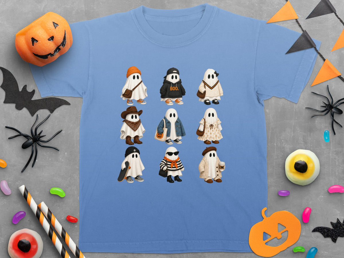 Blue t-shirt featuring a grid of nine cute ghosts in various Halloween outfits.