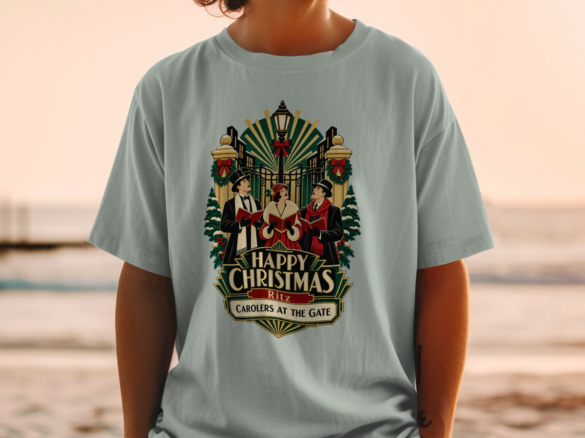 T-shirt with "Happy Christmas Ritz Carolers at the Gate" graphic.