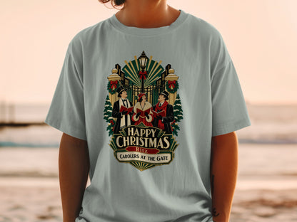 T-shirt with "Happy Christmas Ritz Carolers at the Gate" graphic.