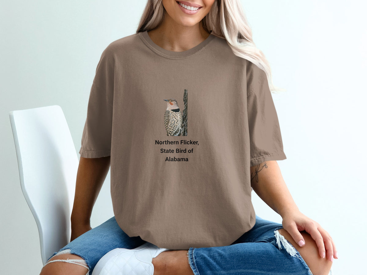 Northern Flicker, State Bird of Alabama t-shirt with illustrated bird on trunk.