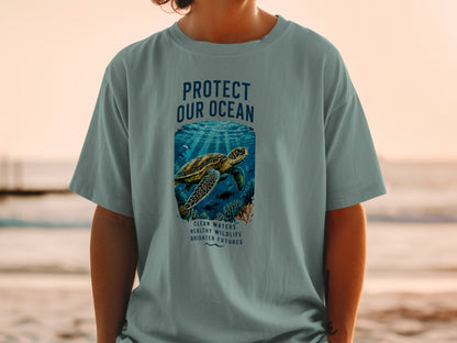 Shirt with "Protect Our Ocean" text and sea turtle illustration.