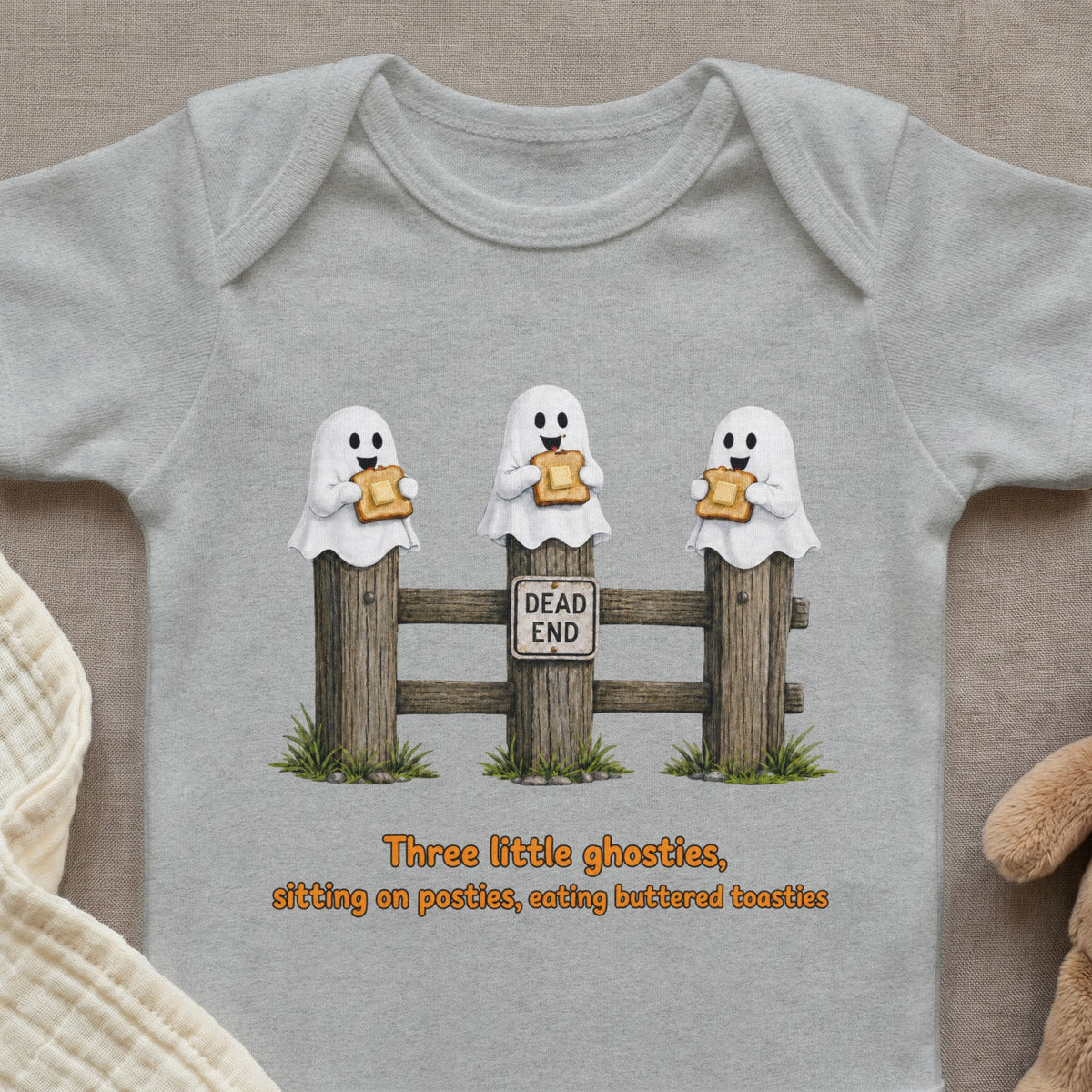 Three ghosts on fence posts eating toast, with "Dead End" sign and text.