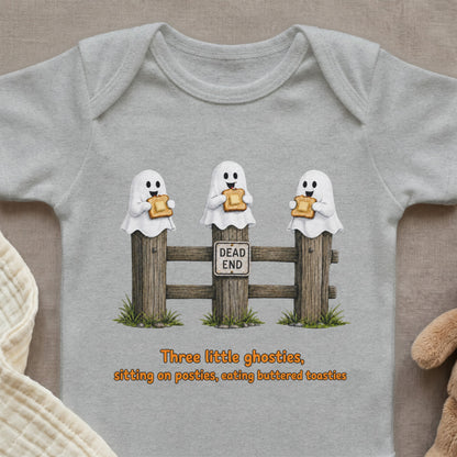 Three ghosts on fence posts eating toast, with "Dead End" sign and text.