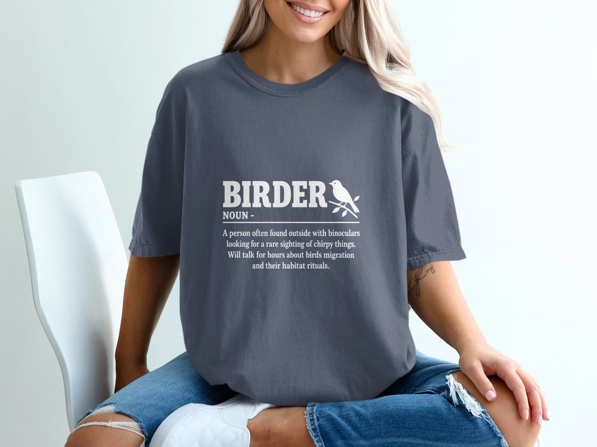 T-shirt with white text defining "Birder" and a small bird on a branch.