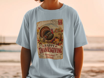 Vintage Thanksgiving graphic with turkey, cornucopia, and text.