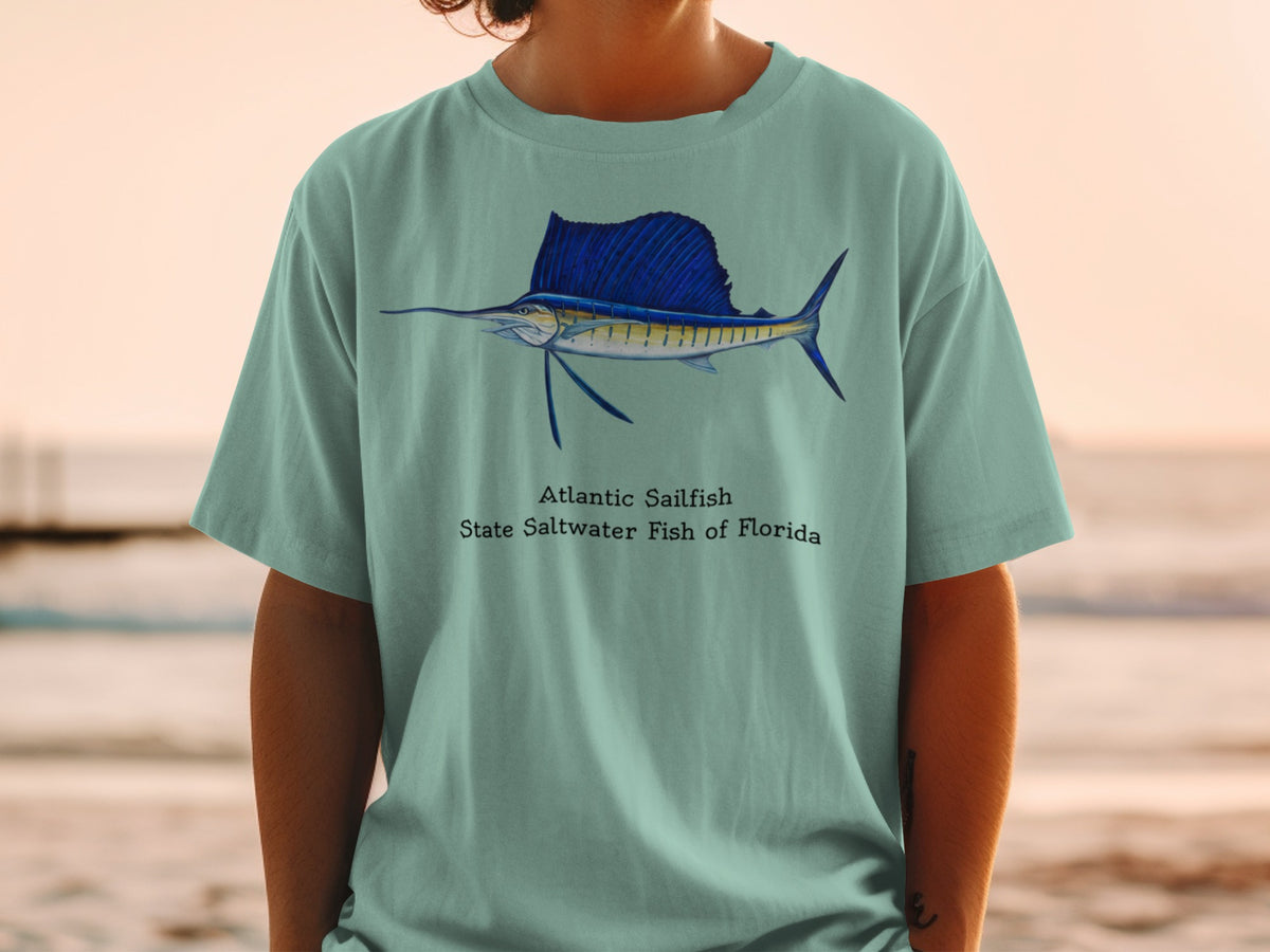 Atlantic Sailfish, State Saltwater Fish of Florida graphic on a t-shirt.