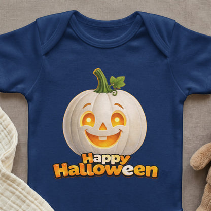 Navy blue baby bodysuit with a smiling white jack-o'-lantern and "Happy Halloween" text.