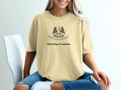 Yellow t-shirt with the Louisiana state flag and motto "Union, Justice & Confidence."