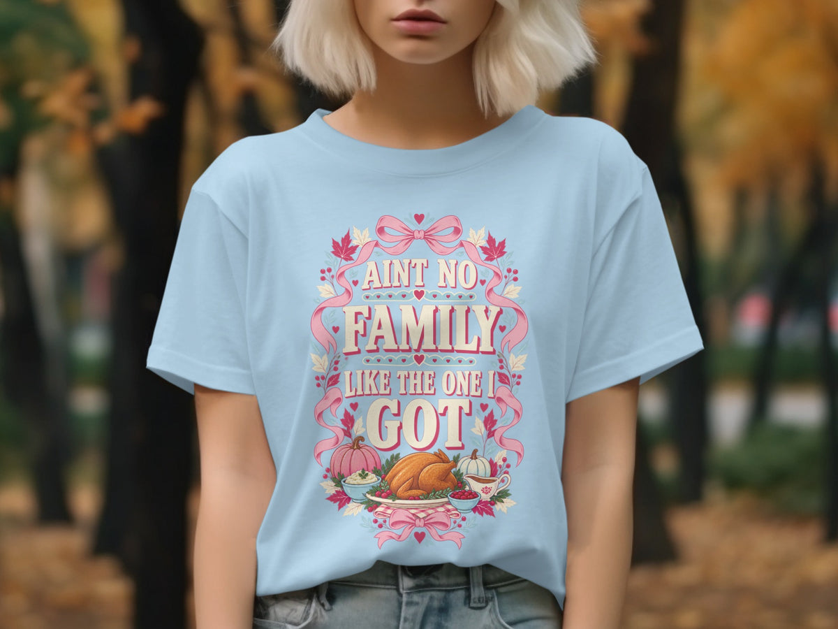 Light blue t-shirt with "Ain't No Family Like The One I Got" and Thanksgiving food.