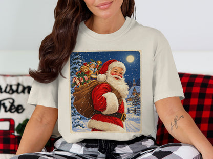 Santa with a sack of gifts in a snowy village scene.