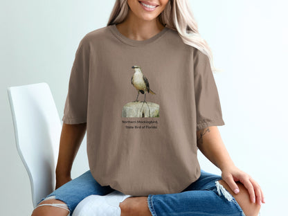 Brown t-shirt with Northern Mockingbird, State Bird of Florida graphic.