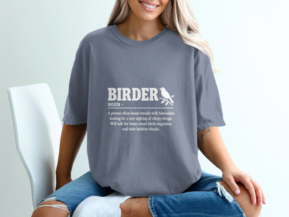 Grey t-shirt with white text defining "Birder" with bird illustration.