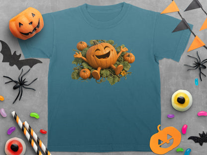 Teal t-shirt featuring a cheerful pumpkin character surrounded by small pumpkins and leaves.