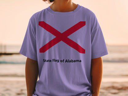 Purple t-shirt with red St. Andrew's cross and "State Flag of Alabama" text.