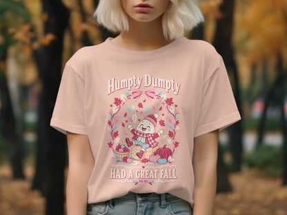 Humpty Dumpty graphic with text "Humpty Dumpty HAD A GREAT FALL" on a pink shirt.