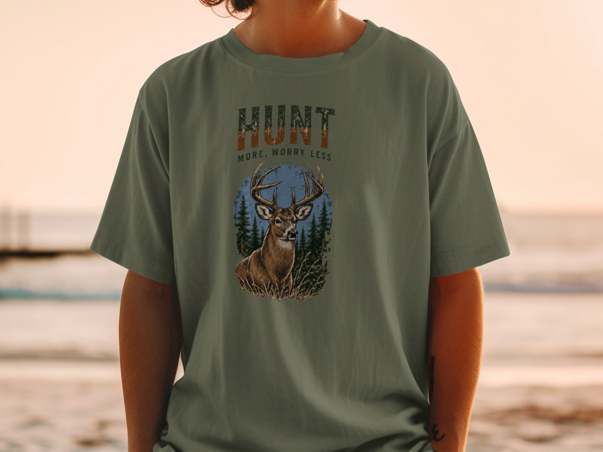 T-shirt with "HUNT MORE, WORRY LESS" text and a deer illustration.