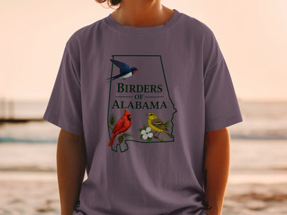 T-shirt with outline of Alabama map featuring a cardinal, yellow bird, and swallow.