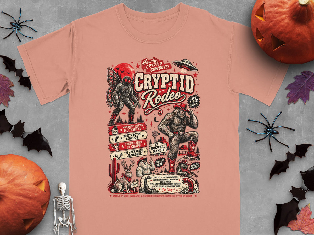 T-shirt with Cryptid Rodeo theme, featuring Bigfoot, Mothman, UFO, and other creatures.