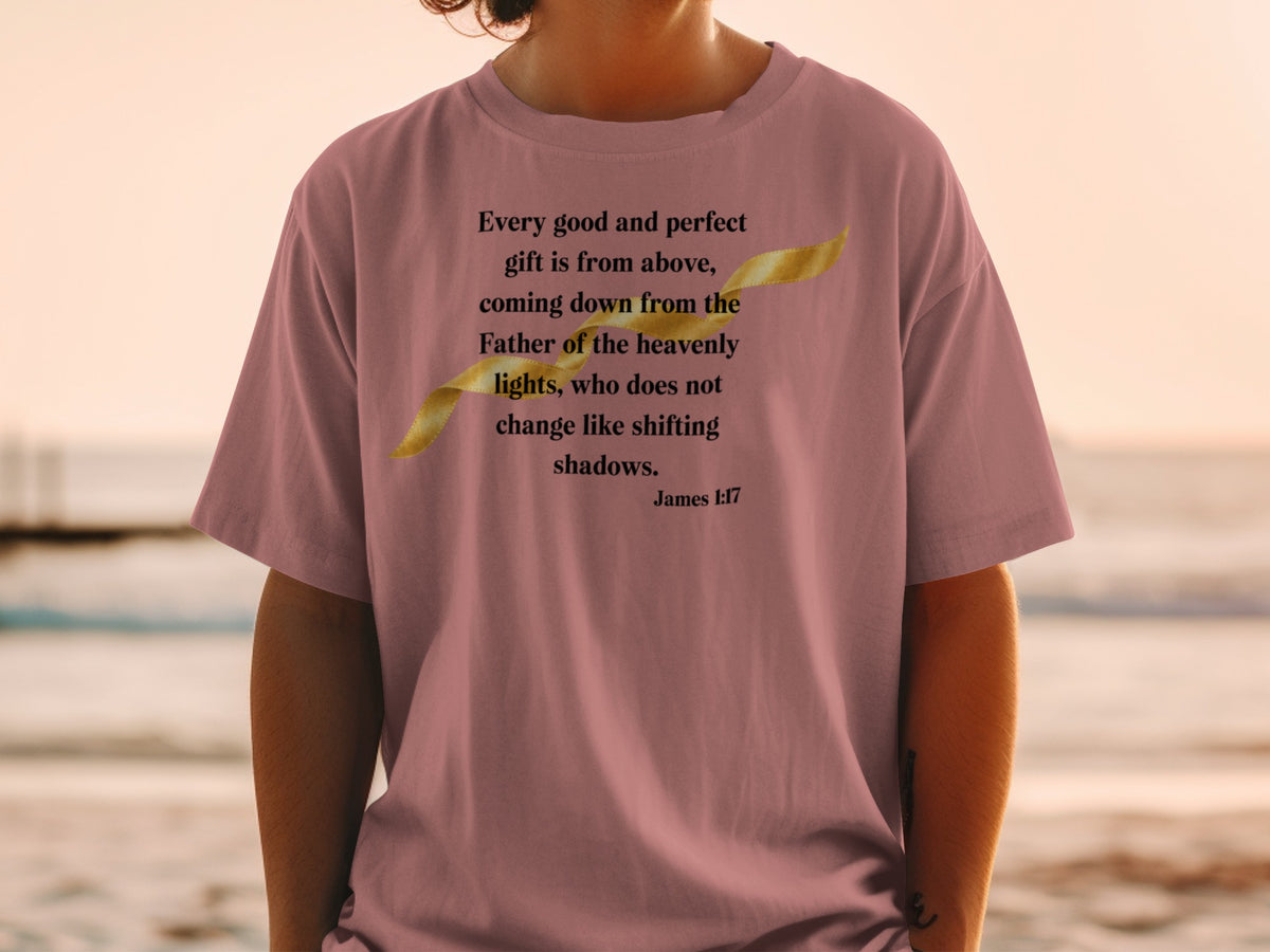 Pink t-shirt with James 1:17: "Every good and perfect gift is from above".