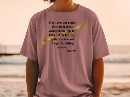 Pink t-shirt with James 1:17: "Every good and perfect gift is from above".