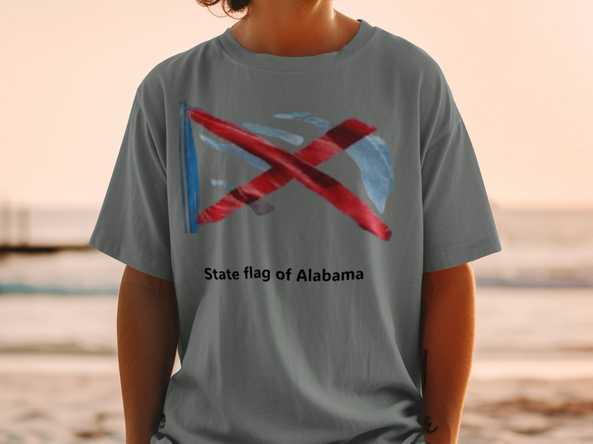 T-shirt with watercolor-style Alabama state flag and text "State flag of Alabama."