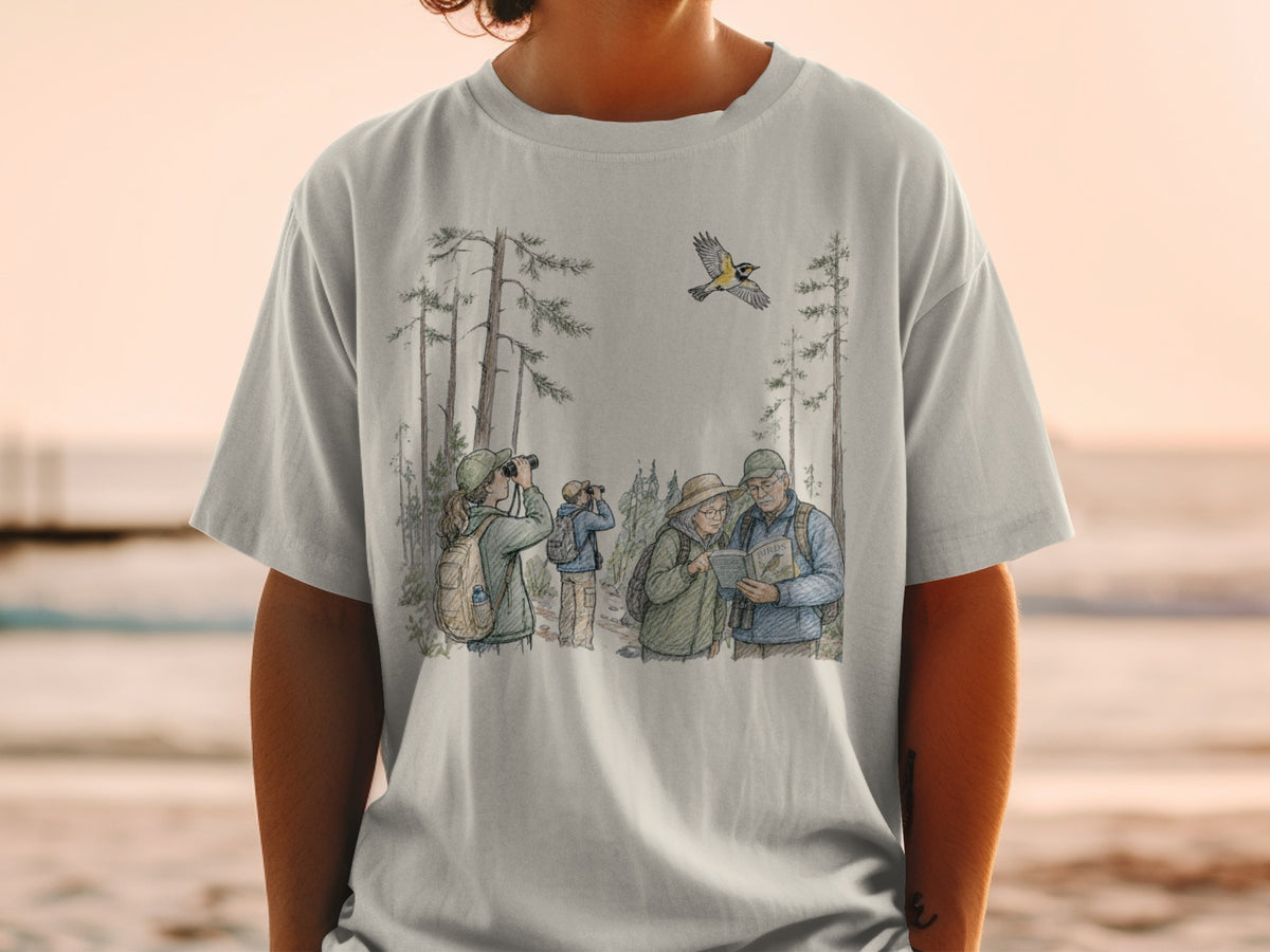 Illustration of bird watchers in a forest, one holding a bird identification book.