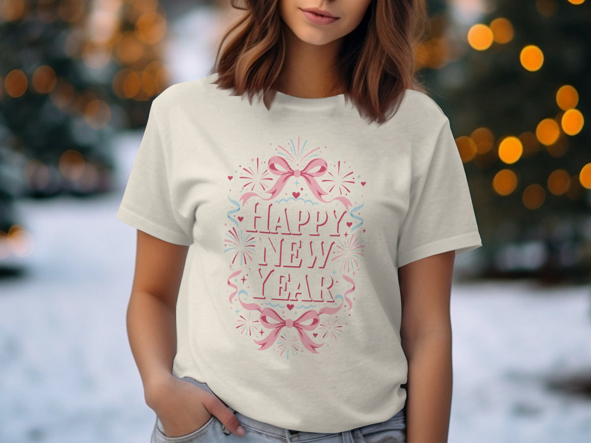 Cream t-shirt with "Happy New Year" text and festive graphics.