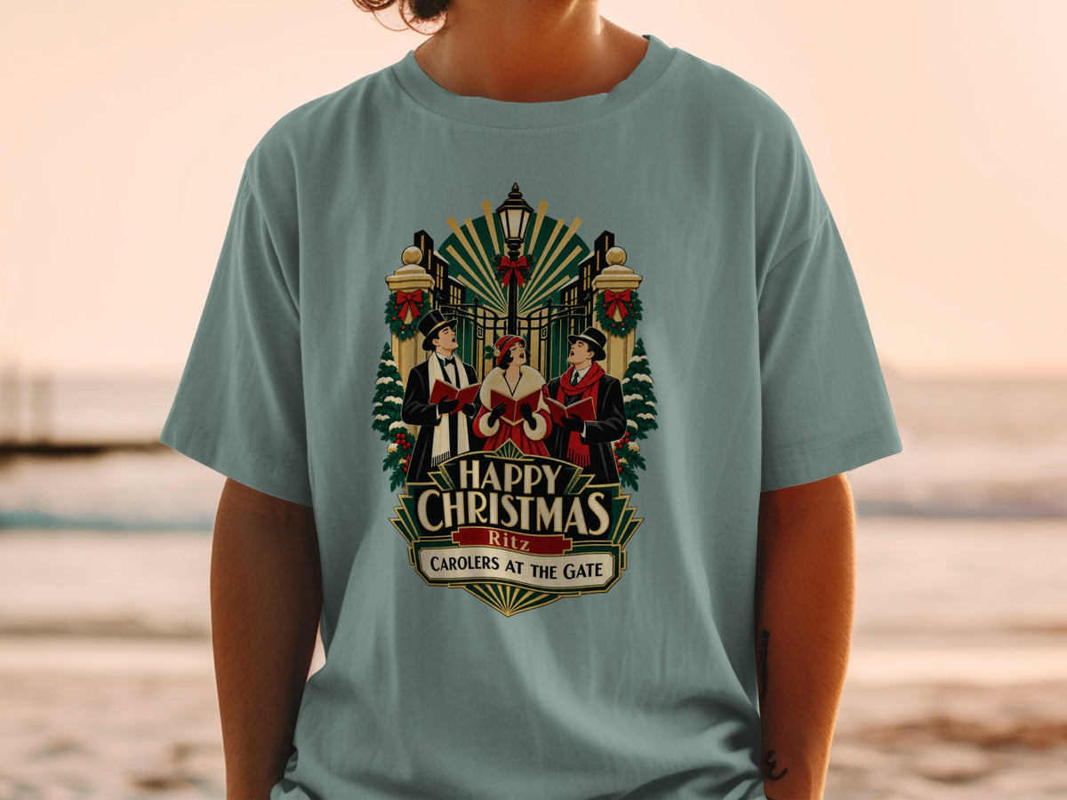 T-shirt with "Happy Christmas Ritz Carolers At The Gate" text and artwork.