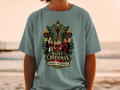 T-shirt with "Happy Christmas Ritz Carolers At The Gate" text and artwork.
